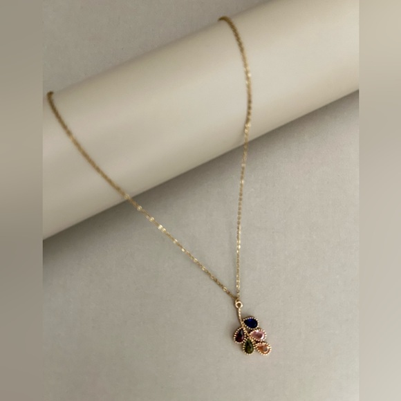 Colorful Cubic Zirconia Leaf Pendant Necklace- Trendy Stylish Gold Leaf Necklace - Picture 5 of 13